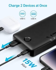 61MBBYuHYKL. AC SL1500 <ul> <li>Ultra-High Cell Capacity: The massive 20,000mAh cell capacity provides more than 5 charges for iPhone XS, almost 5 full charges for Samsung Galaxy S10, more than 4 charges for iPhone 11, and over 2 and a half charges for iPad mini 5</li> <li>Advanced Charging Technology: Anker's exclusive PowerIQ and VoltageBoost technology combine to deliver an optimized charge to your devices, while the trickle-charging mode is the best way to charge low-power accessories</li> <li>Advanced circuitry and built in safeguards protect your devices against excessive current, overheating, and over charging</li> <li>Versatile Recharging: With both a USB-C and Micro USB input port, you have more options over how you recharge. Recharging PowerCore with a 10W charger will take approximately 10.5 hours, while recharging with a 5W charger will take approximately 20 hours</li> <li>Intelligently adjusts the power output to match the ultimate unique charging needs of all your USB powered gear.</li> <li>When the trickle-charging mode is on, the last LED light will remain green, regardless of battery status</li> <li>Recharging via USB-A charger will take approximately 20 hours. When charging an iPad, make sure the portable charger has at least 2 LEDs illuminated, otherwise charging speed will be greatly reduced</li> <li>We think inside, outside and about the box. Thus, our packaging lives up to the brand image and the quality of the product</li> </ul>